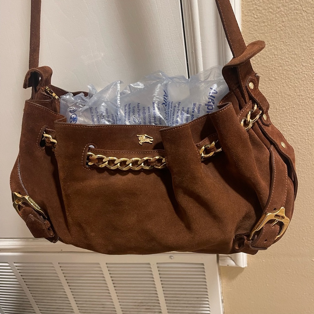 Brown Suede Shoulder Bag with Gold Accents